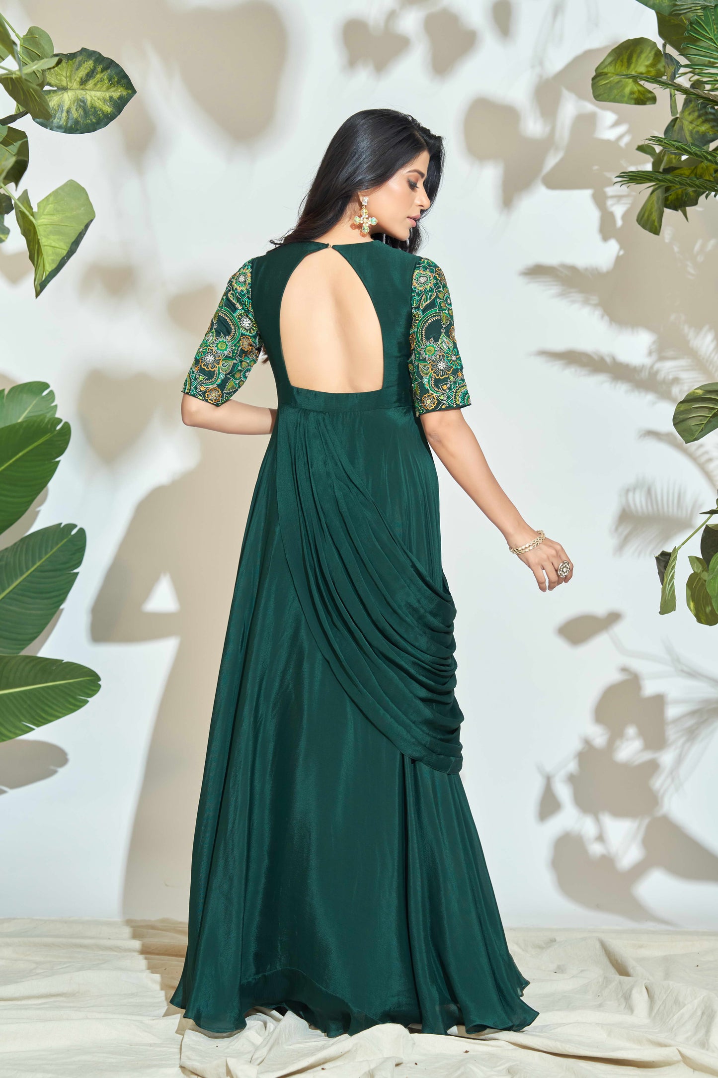 BOTTLE GREEN DRAPE ANARKALI WITH MULTI RESHAM WORK