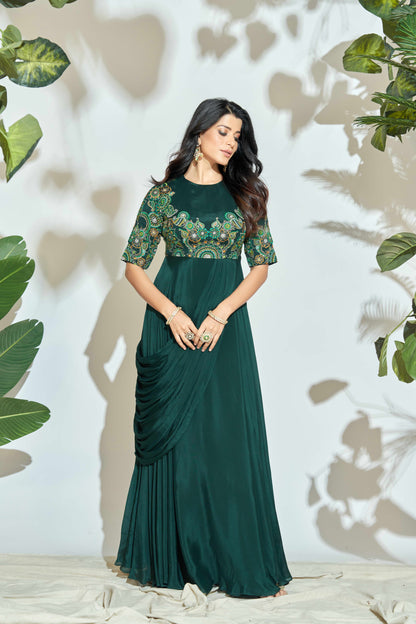 BOTTLE GREEN DRAPE ANARKALI WITH MULTI RESHAM WORK