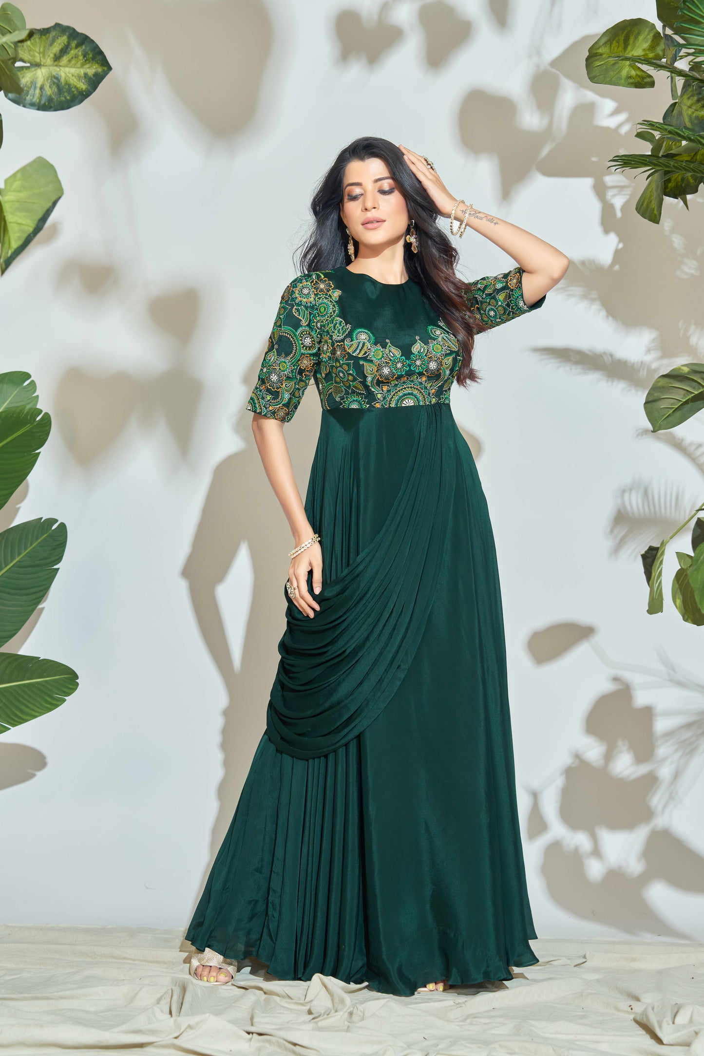 BOTTLE GREEN DRAPE ANARKALI WITH MULTI RESHAM WORK