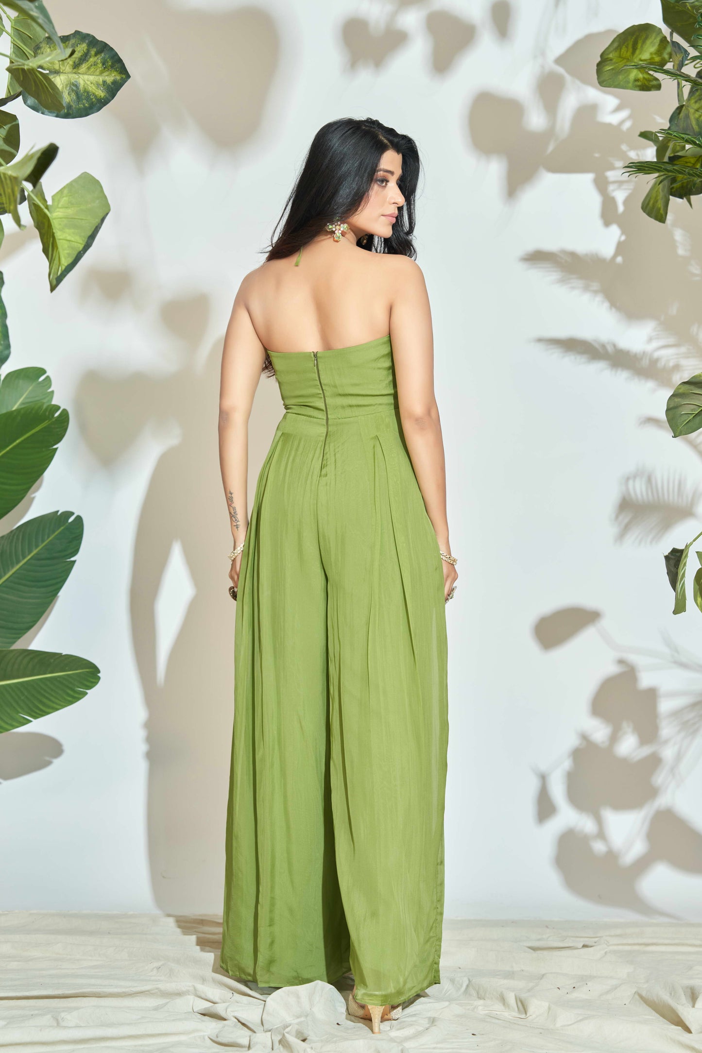 GREEN HALTER NECK JUMP SUIT WITH HAND EMBROIDERY