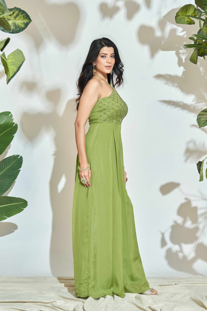 GREEN HALTER NECK JUMP SUIT WITH HAND EMBROIDERY