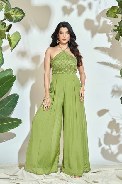 GREEN HALTER NECK JUMP SUIT WITH HAND EMBROIDERY