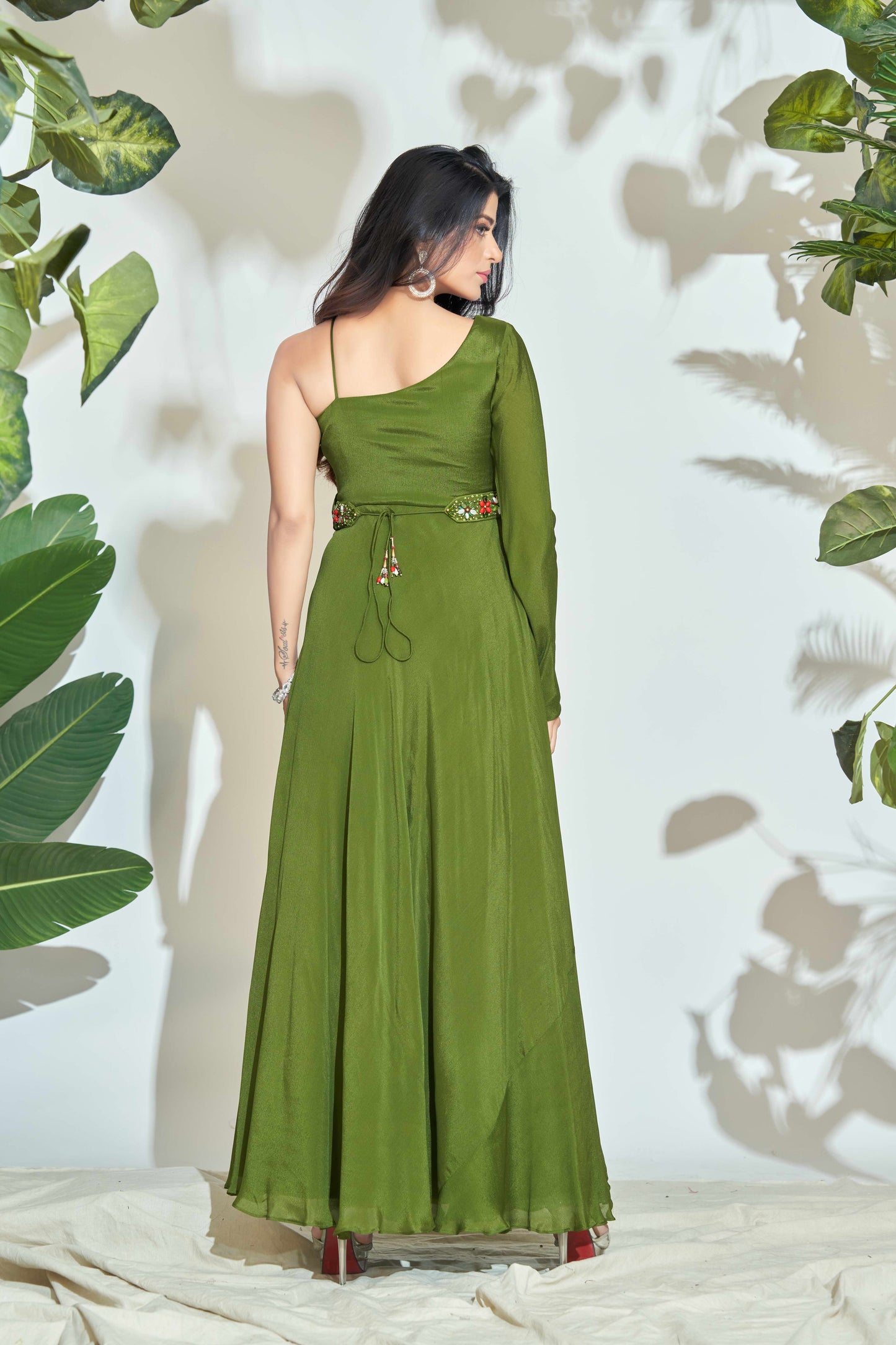 MEHENDI GREEN ONE SHOULDER INDO-WESTERN DRESS WITH HANDWORK ON BELT