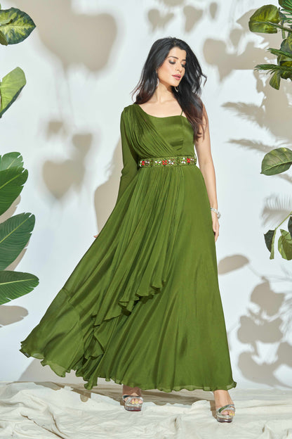 MEHENDI GREEN ONE SHOULDER INDO-WESTERN DRESS WITH HANDWORK ON BELT