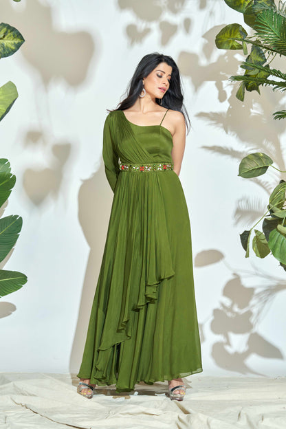 MEHENDI GREEN ONE SHOULDER INDO-WESTERN DRESS WITH HANDWORK ON BELT