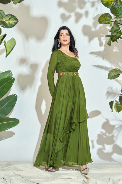 MEHENDI GREEN ONE SHOULDER INDO-WESTERN DRESS WITH HANDWORK ON BELT