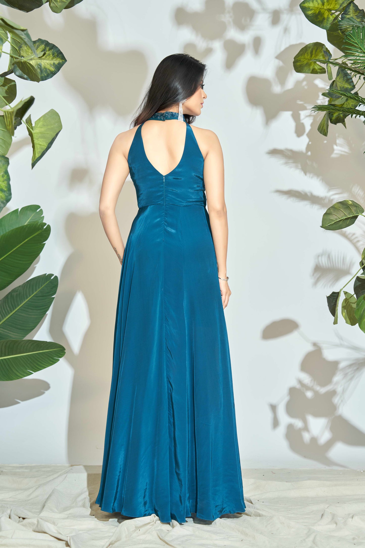 PEACOCK BLUE HALTER NECK GOWN WITH HAND EMBRODIERY