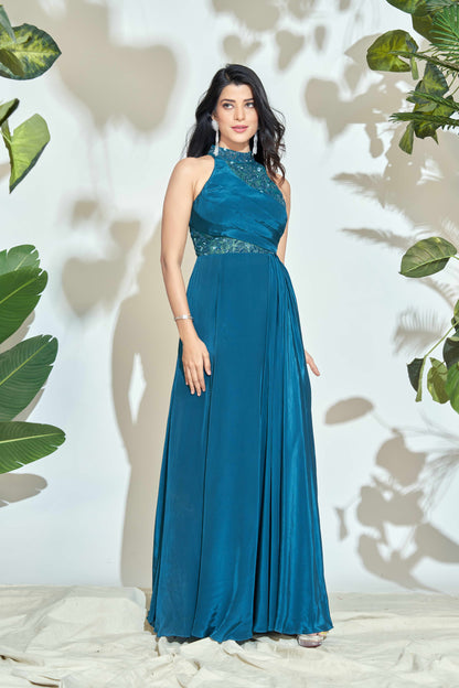 PEACOCK BLUE HALTER NECK GOWN WITH HAND EMBRODIERY