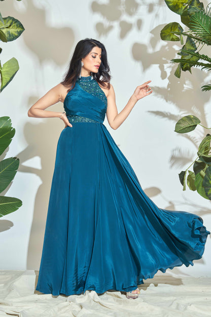 PEACOCK BLUE HALTER NECK GOWN WITH HAND EMBRODIERY