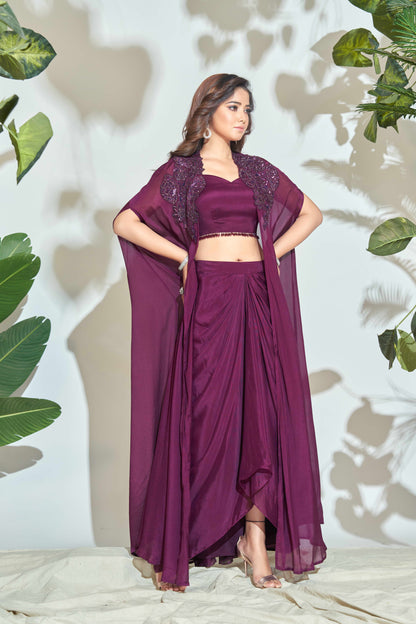 WINE CHIFFON HAND WORK SHRUG WITH PLEATED SKIRT AND TOP SET