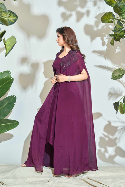 WINE CHIFFON HAND WORK SHRUG WITH PLEATED SKIRT AND TOP SET