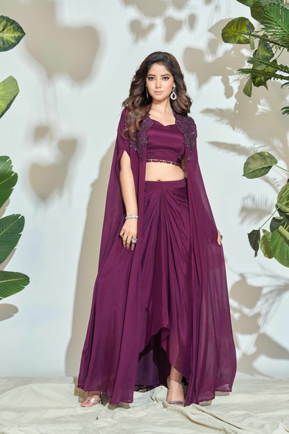 WINE CHIFFON HAND WORK SHRUG WITH PLEATED SKIRT AND TOP SET