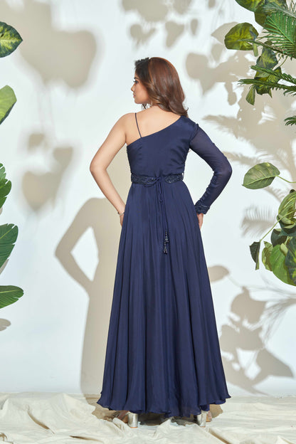 ONE SHOULDER NAVY BLUE INDOWESTERN GOWN WITH HAND EMBROIDERY