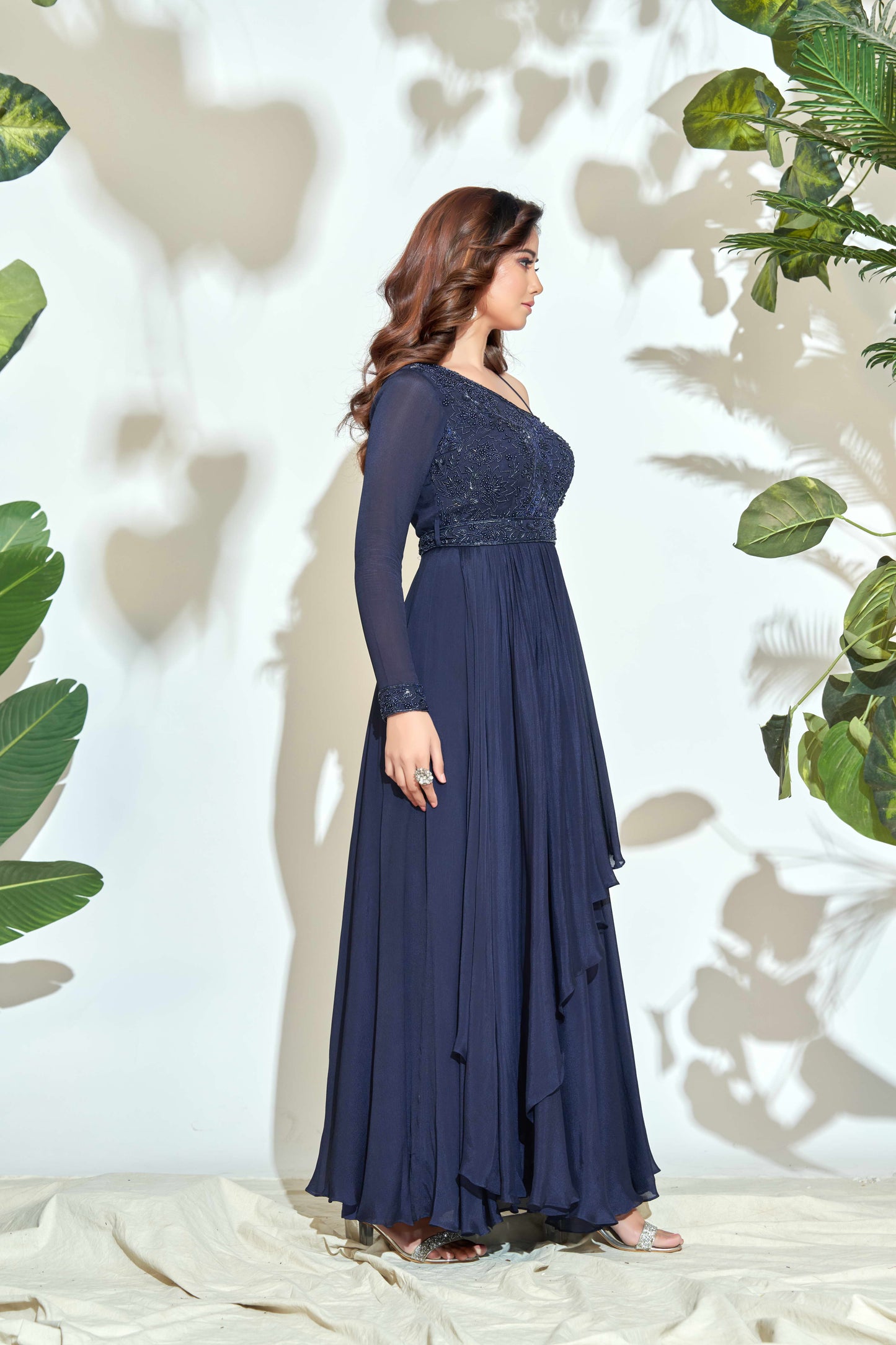 ONE SHOULDER NAVY BLUE INDOWESTERN GOWN WITH HAND EMBROIDERY