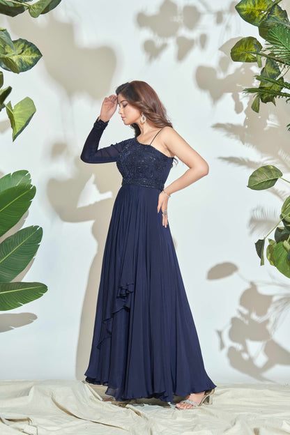 ONE SHOULDER NAVY BLUE INDOWESTERN GOWN WITH HAND EMBROIDERY