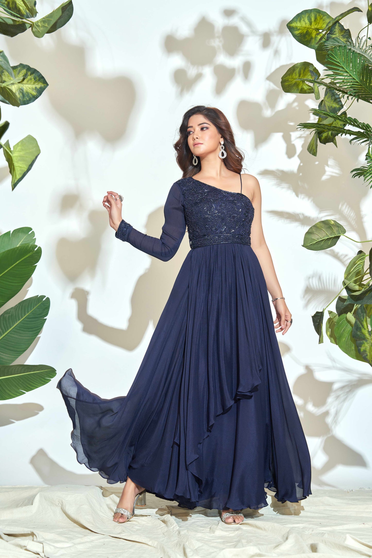 ONE SHOULDER NAVY BLUE INDOWESTERN GOWN WITH HAND EMBROIDERY