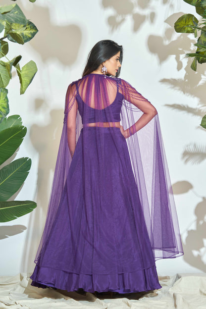 VIOLET LEHENGA WITH CAPE AND HAND EMBROIDERY