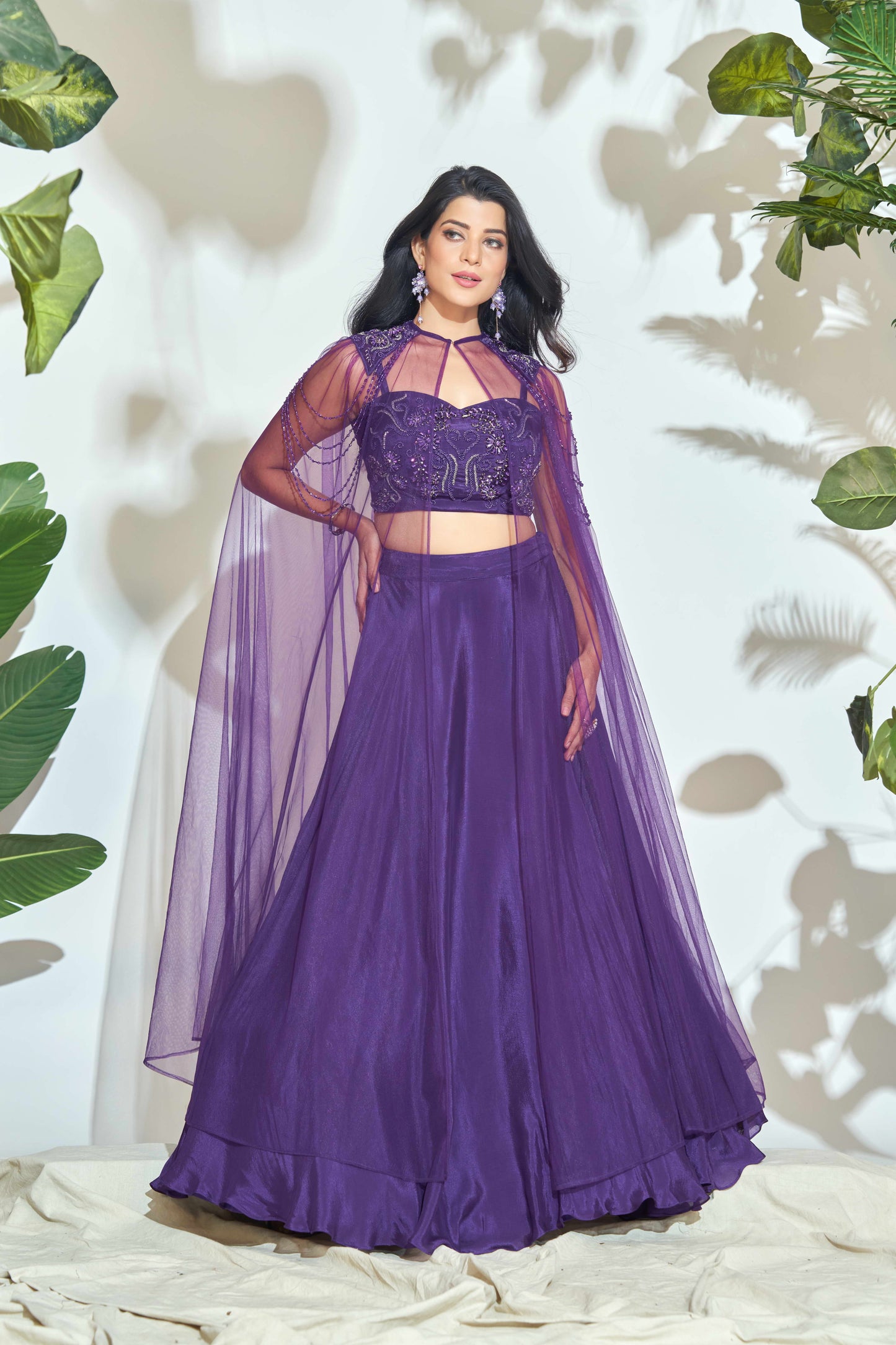 VIOLET LEHENGA WITH CAPE AND HAND EMBROIDERY