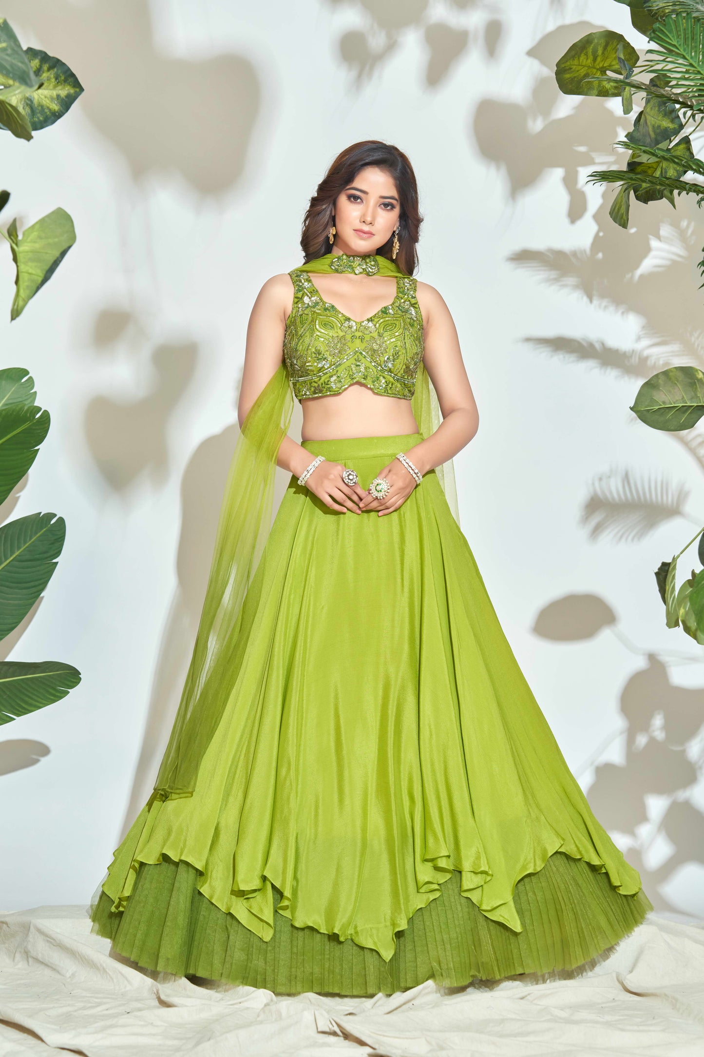 GREEN DUAL TONE LEHENGHA WITH HANDWORK BLOUSE AND DUPATTA