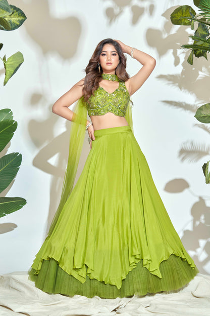 GREEN DUAL TONE LEHENGHA WITH HANDWORK BLOUSE AND DUPATTA