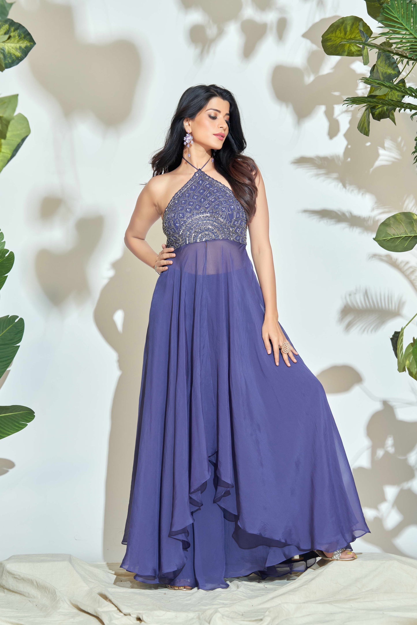 PURPLE HALTER NECK INDOWESTERN WITH HAND EMBROIDERY