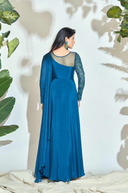 PEACOCK BLUE GOWN WITH HANDWORK