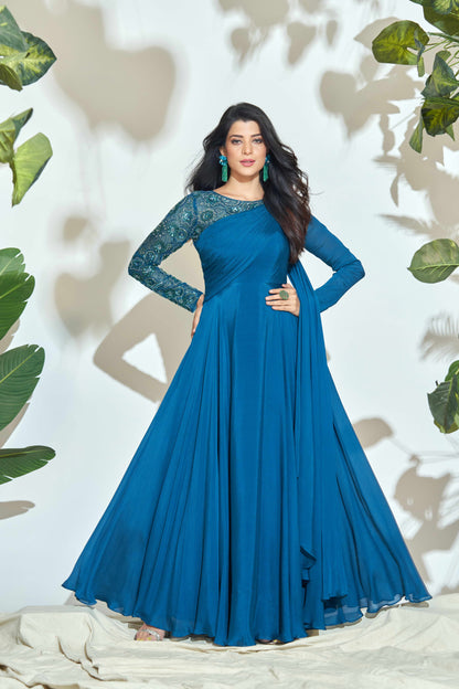 PEACOCK BLUE GOWN WITH HANDWORK