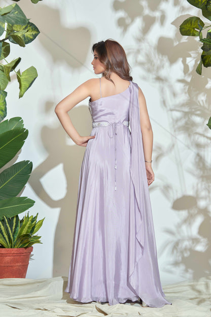 LILAC ONE SHOULDER INDOWESTERN GOWN WITH HANDWORK