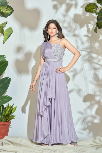 LILAC ONE SHOULDER INDOWESTERN GOWN WITH HANDWORK