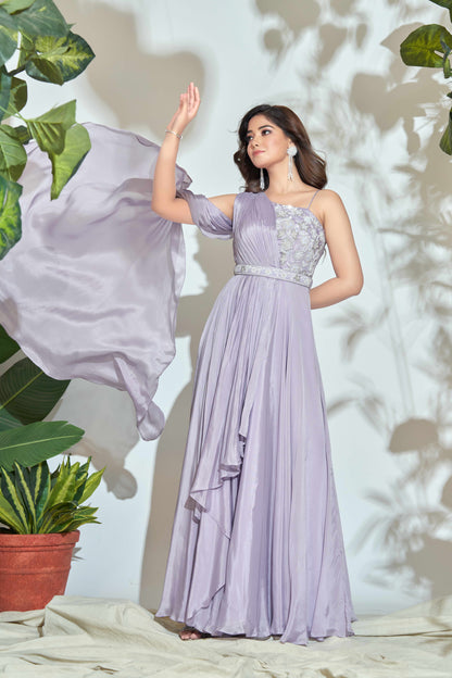 LILAC ONE SHOULDER INDOWESTERN GOWN WITH HANDWORK