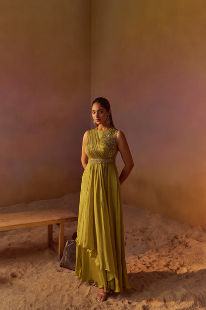 YELLOWISH GREEN INDOWESTERN GOWN WITH HAND EMBROIDERY