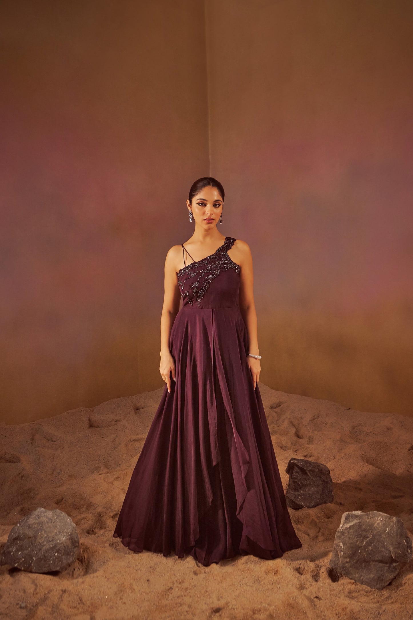 WINE INDOWESTERN GOWN WITH HAND EMBROIDERY