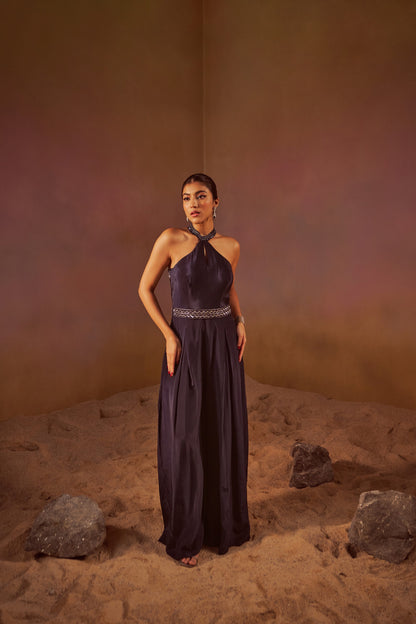 NAVY BLUE HALTER NECK JUMPSUIT WITH HAND EMBROIDERY