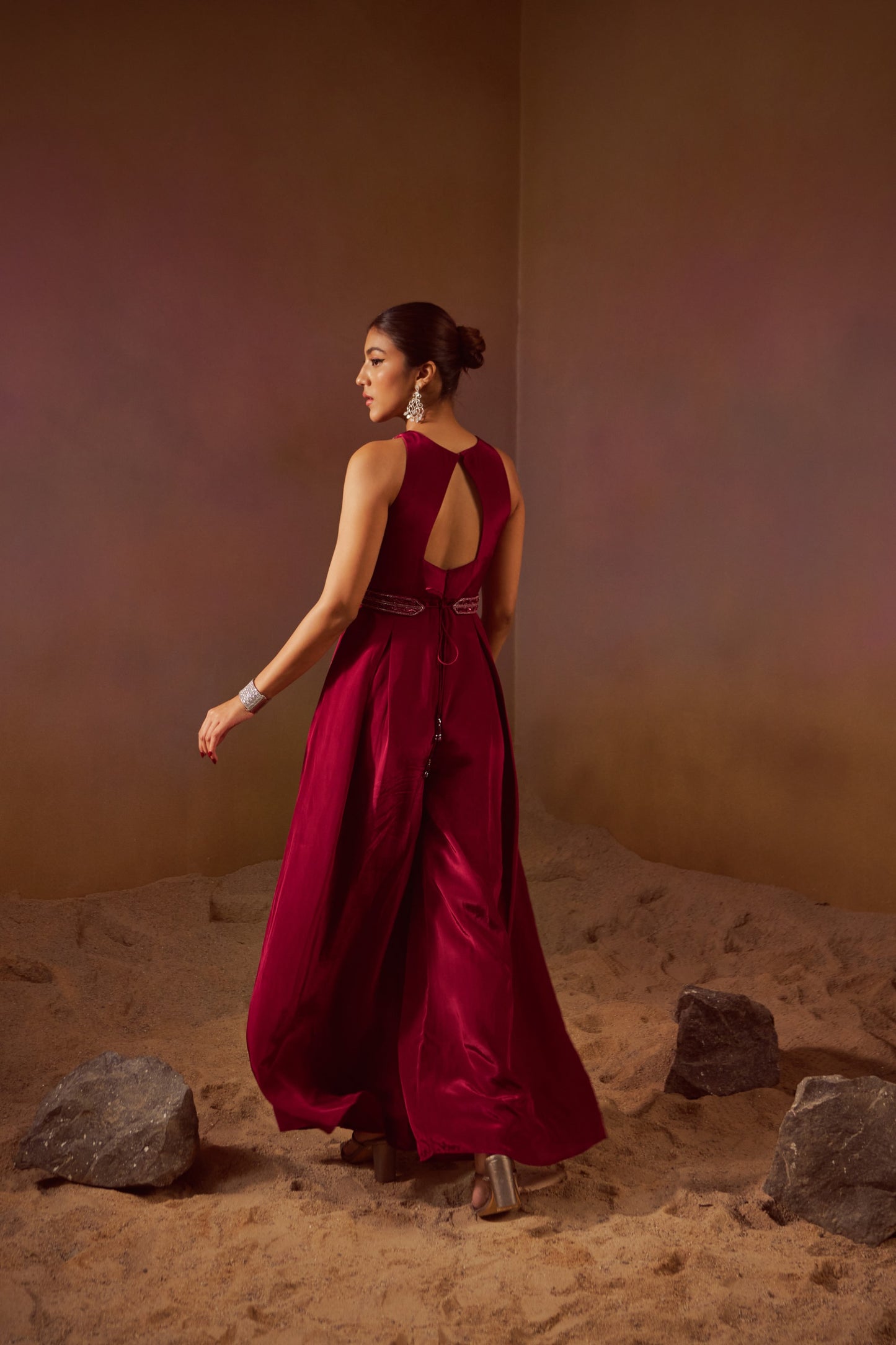 MAROON ROUND NECK JUMPSUIT WITH HAND EMBROIDERY