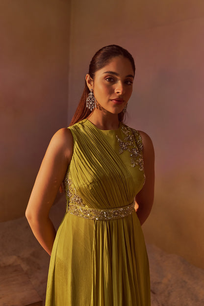 YELLOWISH GREEN INDOWESTERN GOWN WITH HAND EMBROIDERY