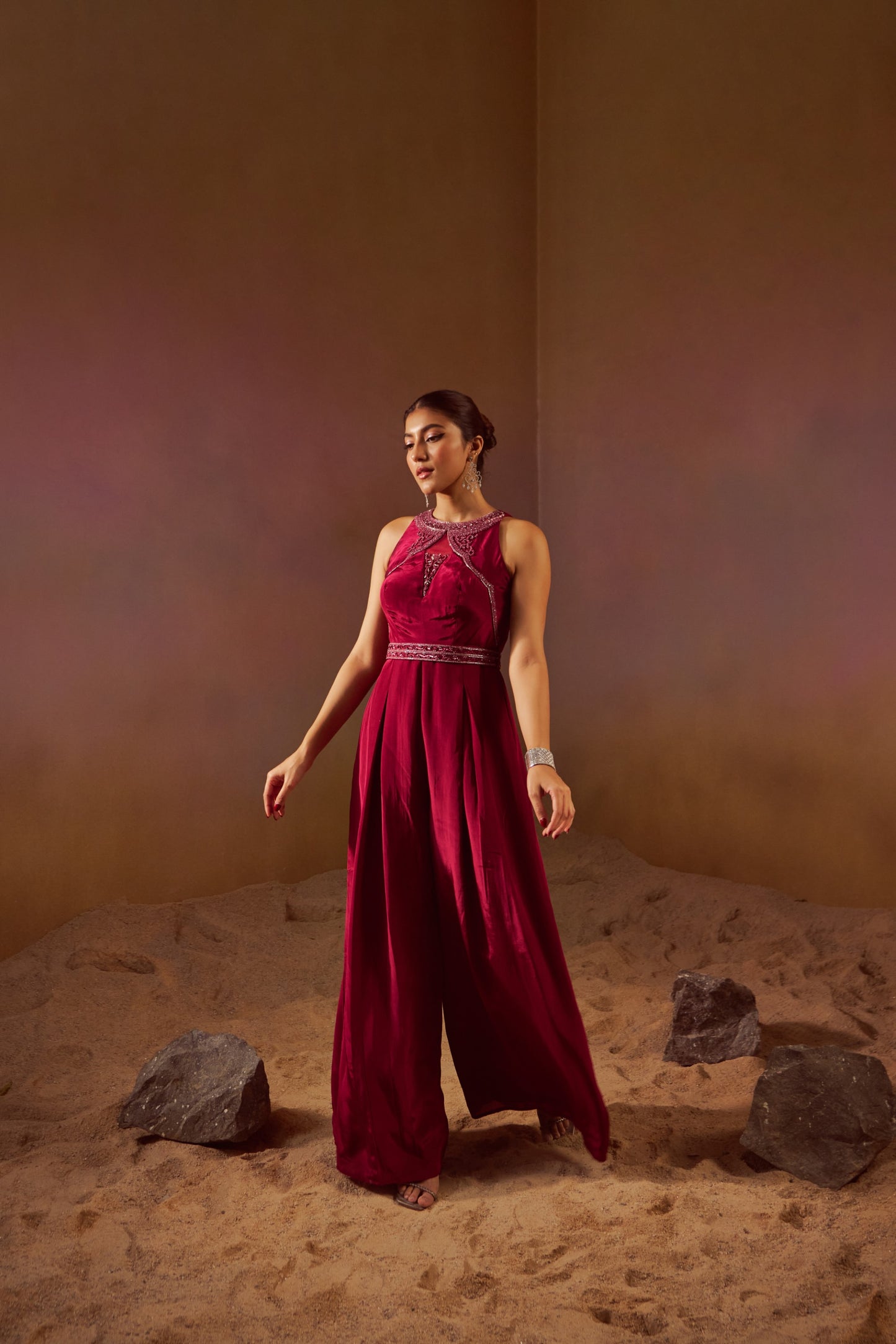 MAROON ROUND NECK JUMPSUIT WITH HAND EMBROIDERY