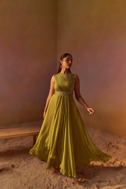 YELLOWISH GREEN INDOWESTERN GOWN WITH HAND EMBROIDERY