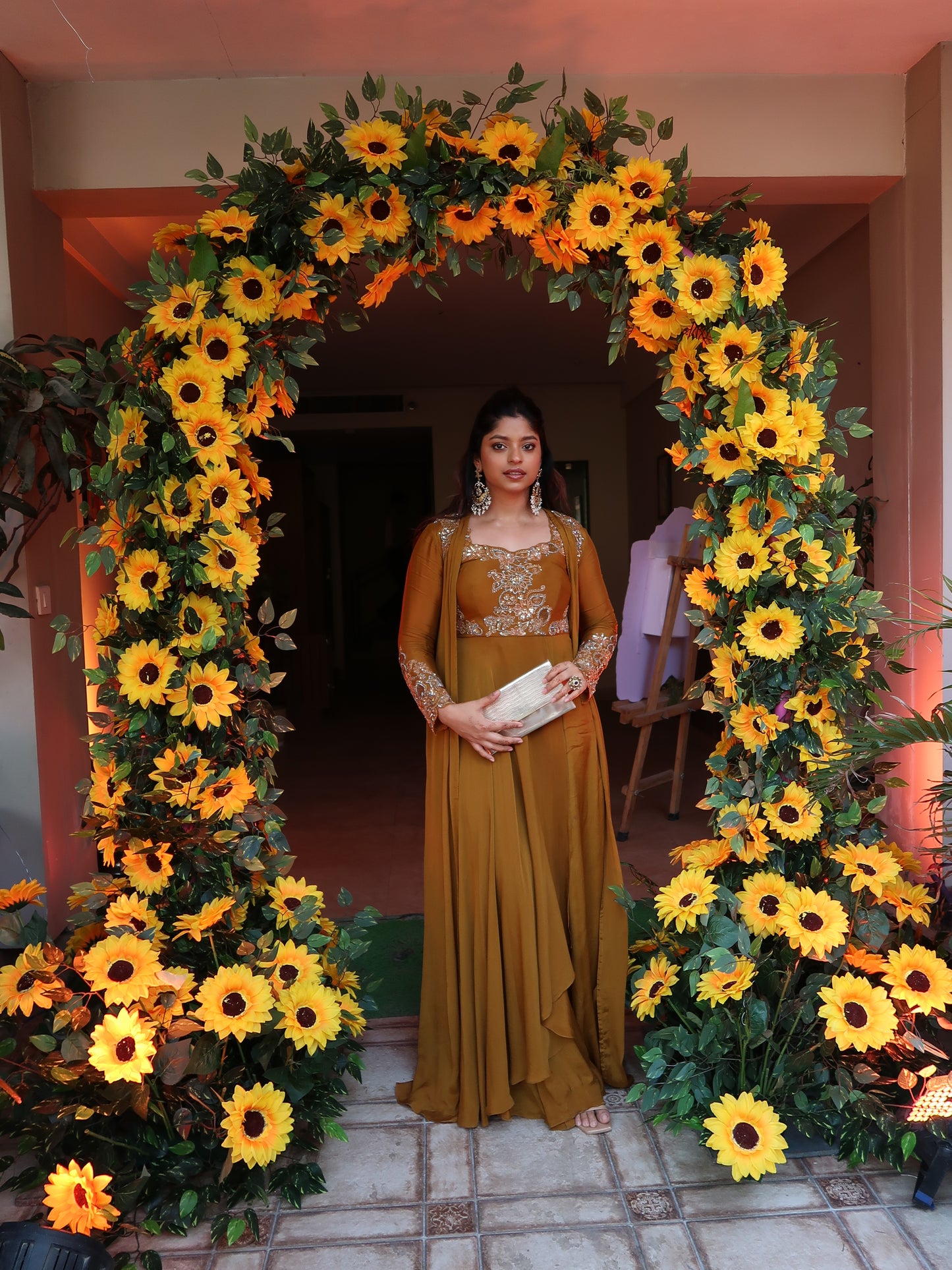 MUSTARD YELLOW INDOWESTERN GOWN WITH JACKET AND HAND EMBROIDERY