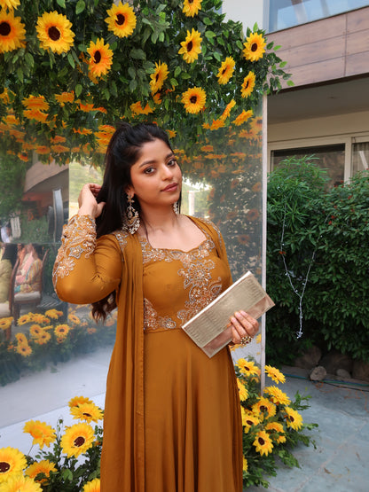 MUSTARD YELLOW INDOWESTERN GOWN WITH JACKET AND HAND EMBROIDERY