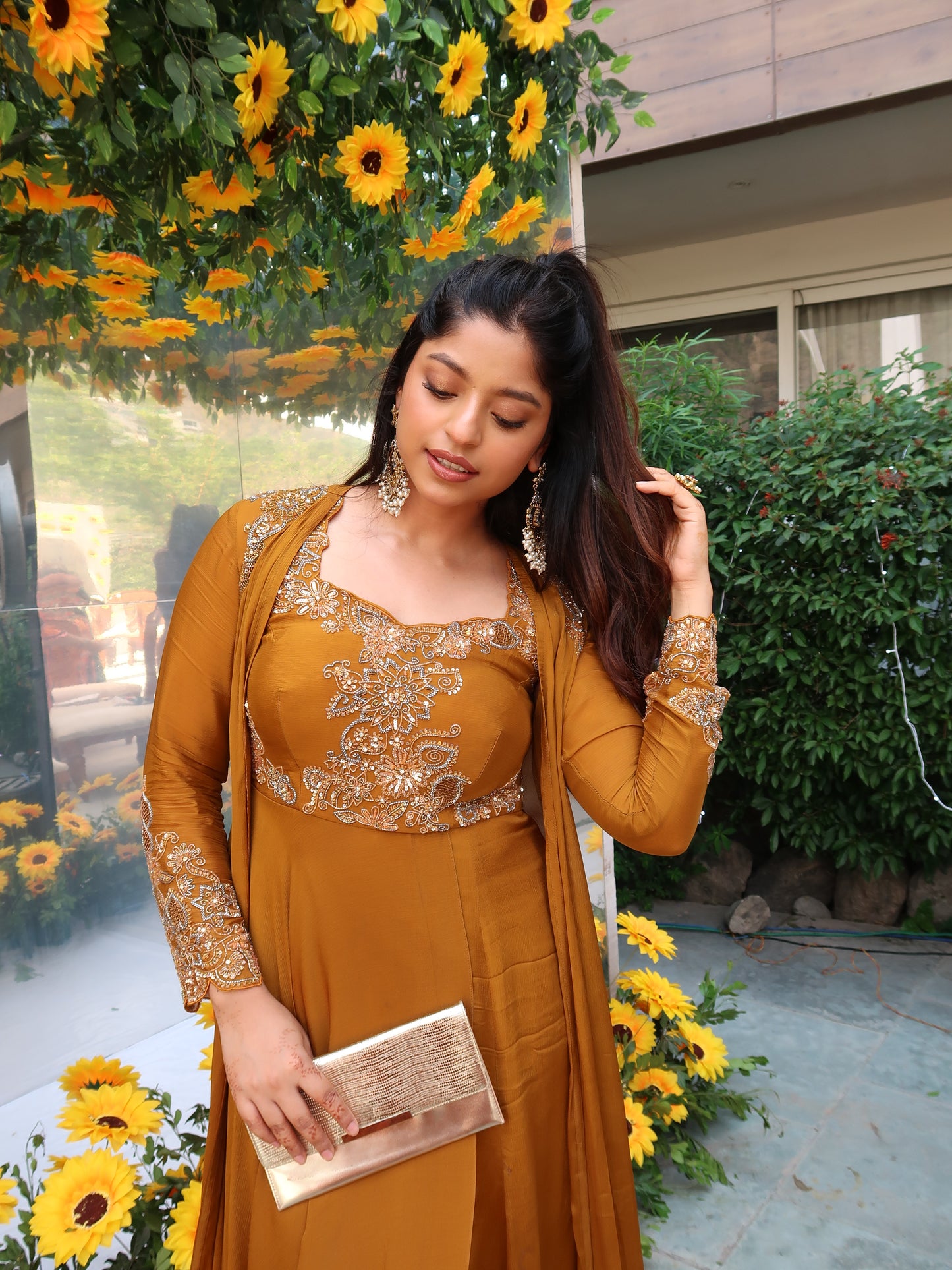 MUSTARD YELLOW INDOWESTERN GOWN WITH JACKET AND HAND EMBROIDERY