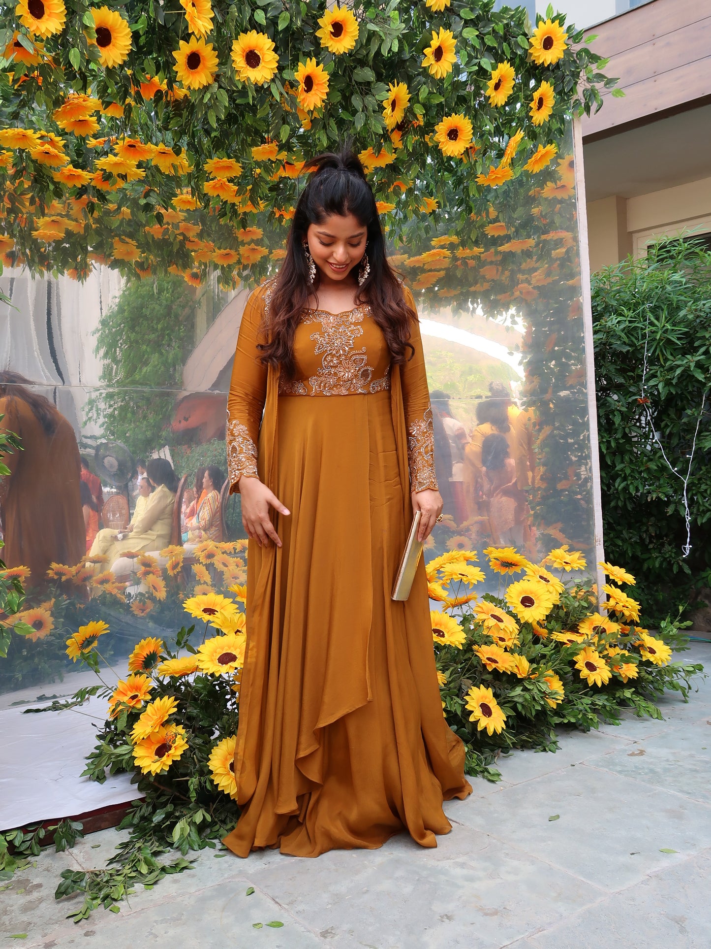 MUSTARD YELLOW INDOWESTERN GOWN WITH JACKET AND HAND EMBROIDERY