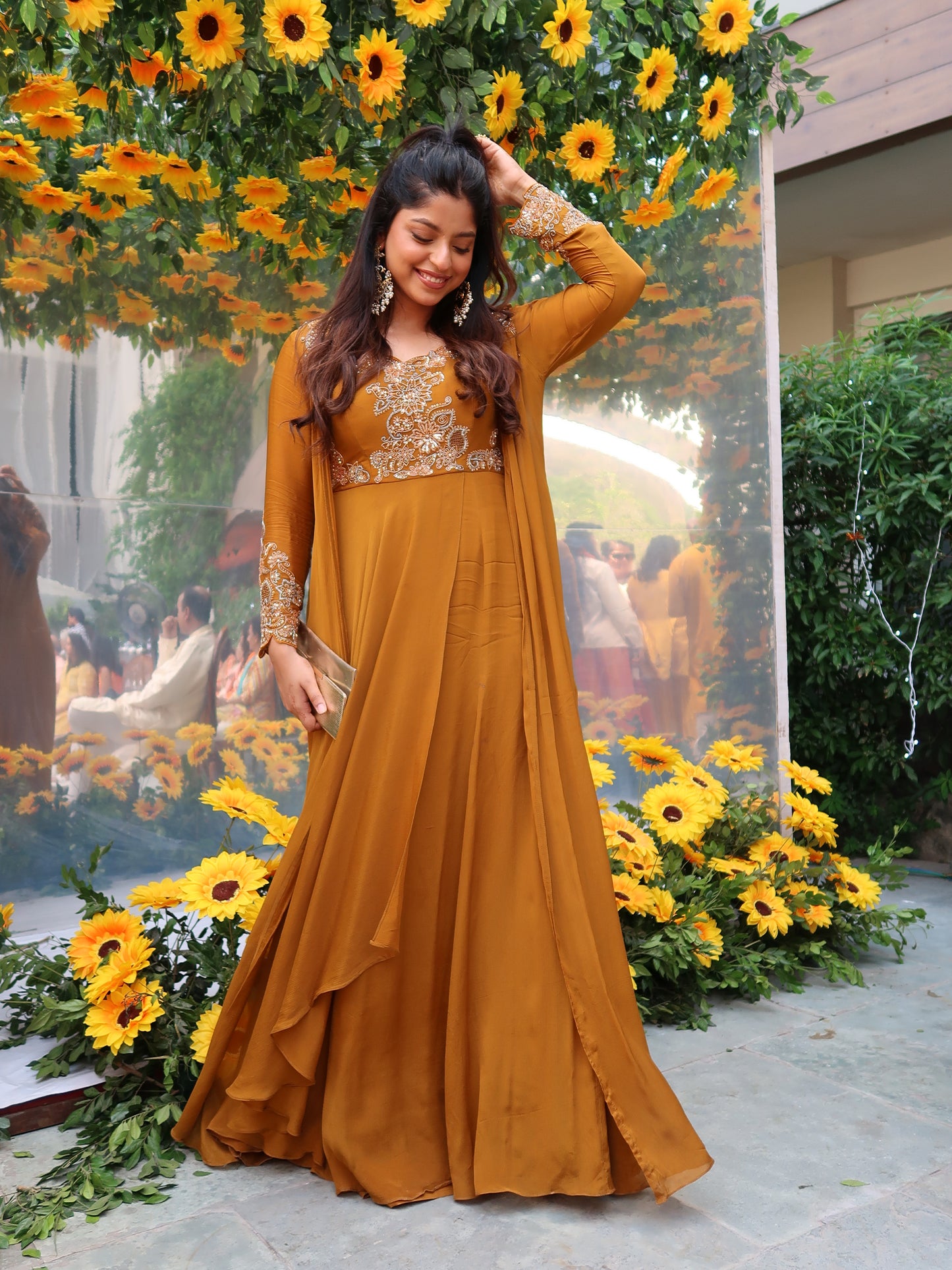 MUSTARD YELLOW INDOWESTERN GOWN WITH JACKET AND HAND EMBROIDERY