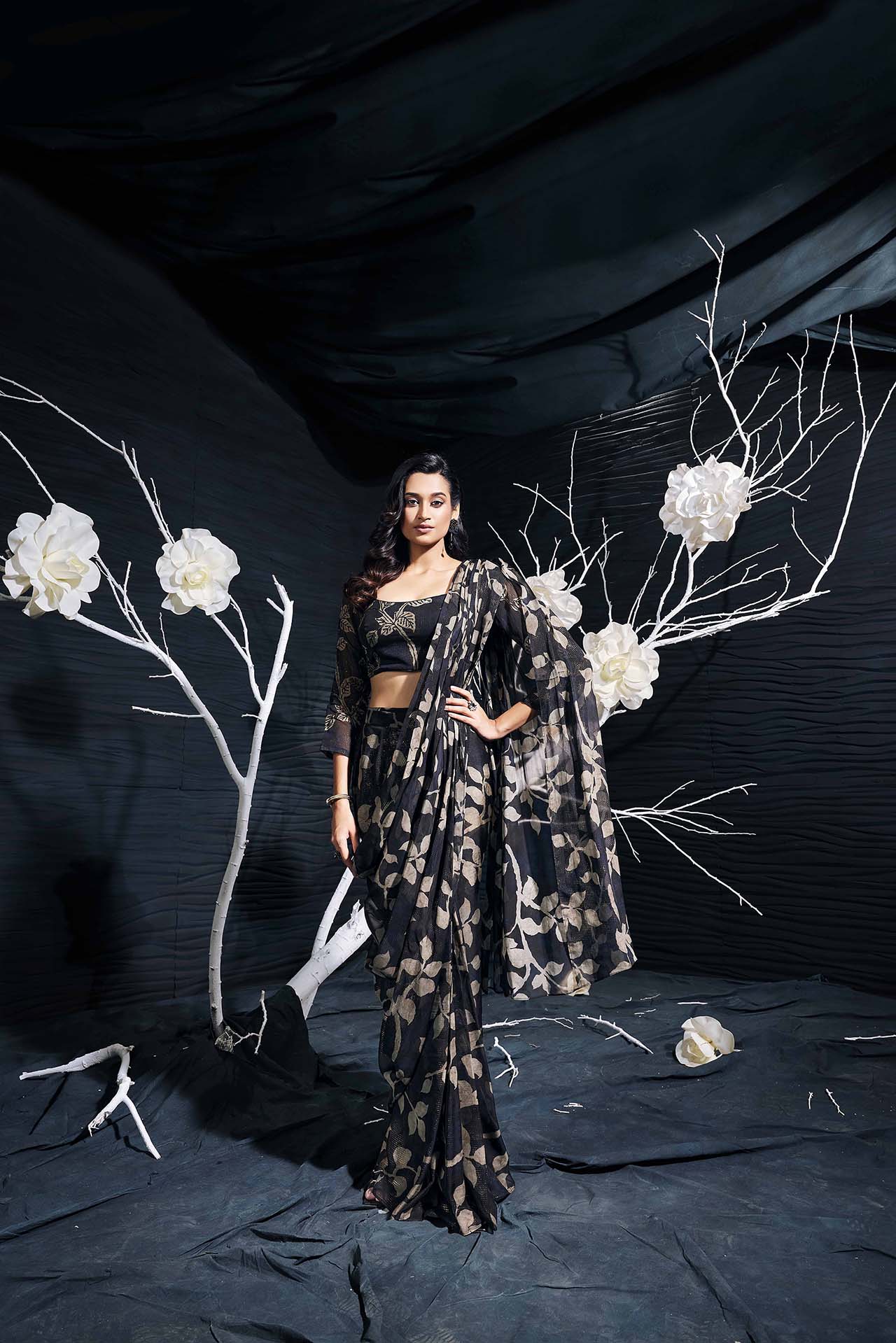 Black Printed Organza Drape Saree With Hand Embroidery