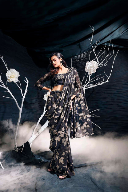 Black Printed Organza Drape Saree With Hand Embroidery