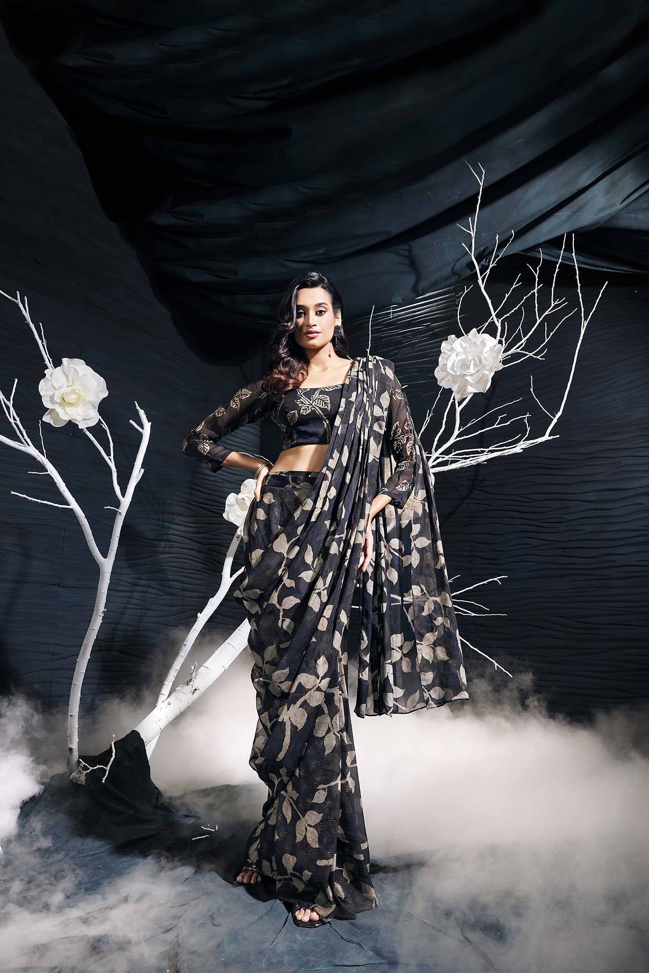 Black Printed Organza Drape Saree With Hand Embroidery