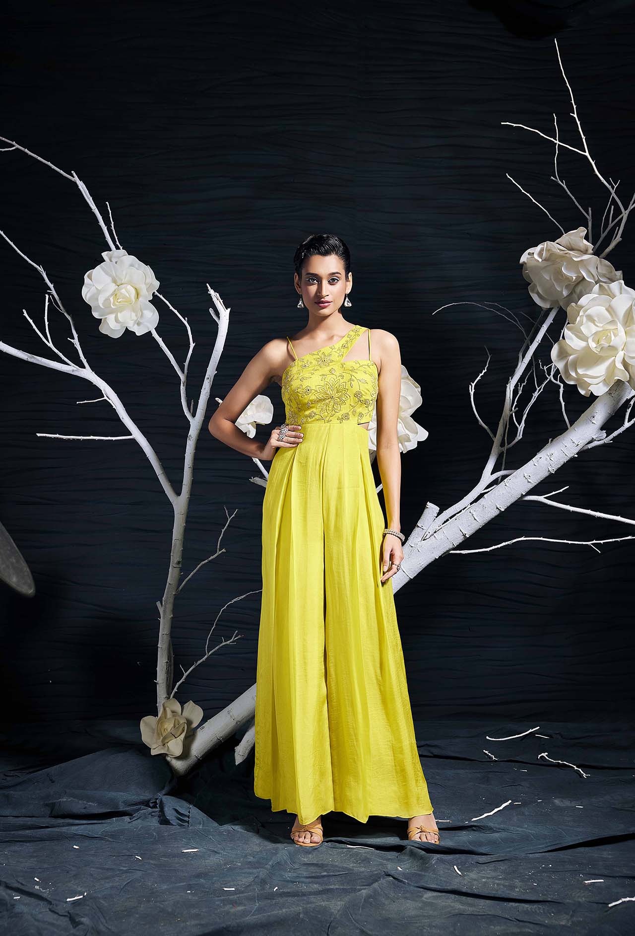 One-Shoulder Greenish Yellow Organza Jumpsuit With Hand Embroidery