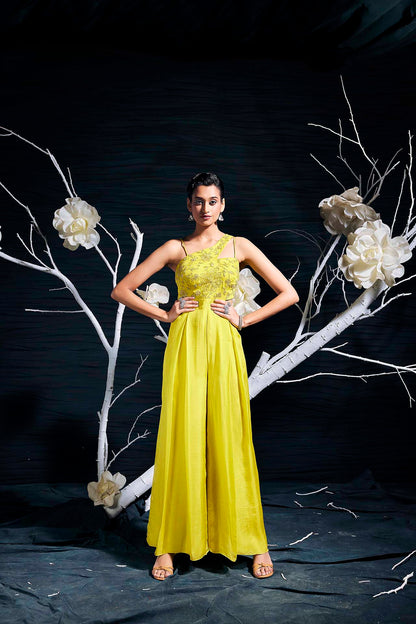 One-Shoulder Greenish Yellow Organza Jumpsuit With Hand Embroidery