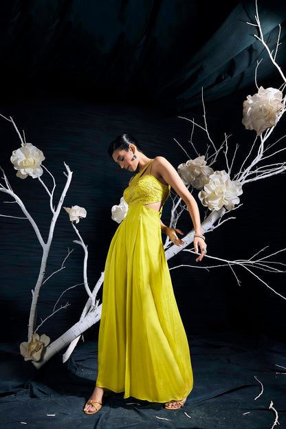 One-Shoulder Greenish Yellow Organza Jumpsuit With Hand Embroidery