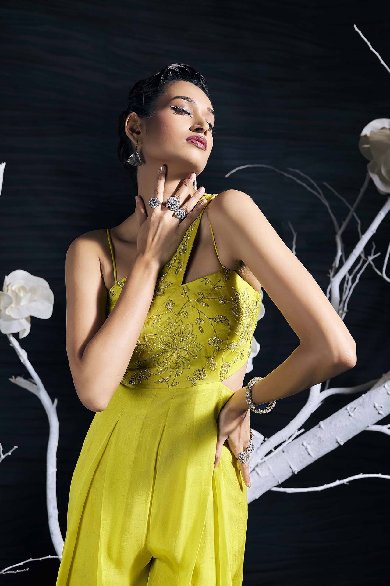 One-Shoulder Greenish Yellow Organza Jumpsuit With Hand Embroidery