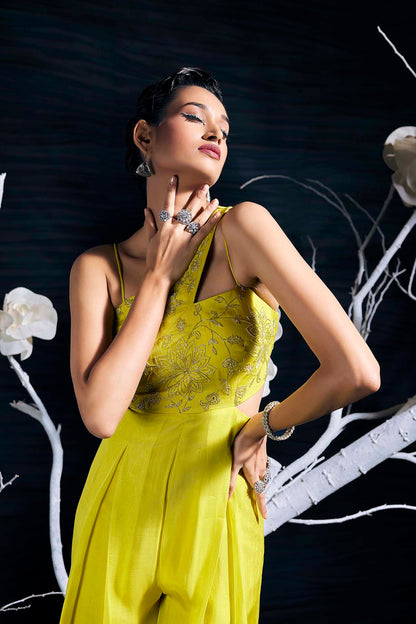 One-Shoulder Greenish Yellow Organza Jumpsuit With Hand Embroidery